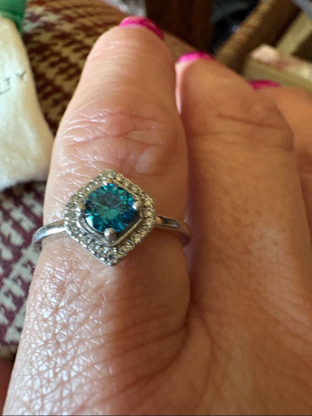 Sterling Silver Teal Halo Ring with Pavé Accents